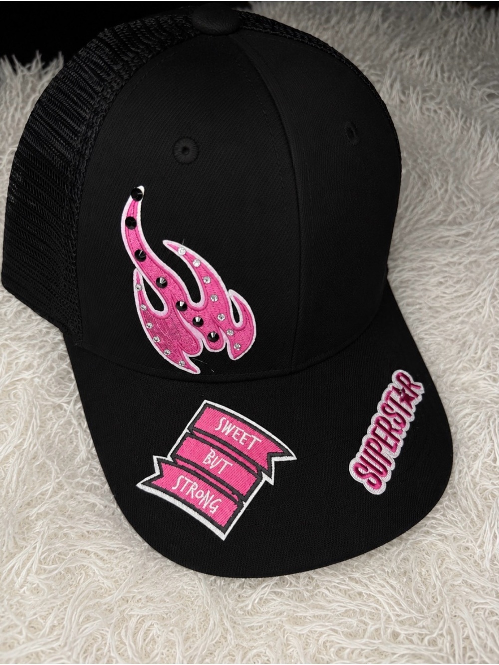 Black Trucker Hat with Pink Flame & 'Superstar' Patches - Picture 2 of 3